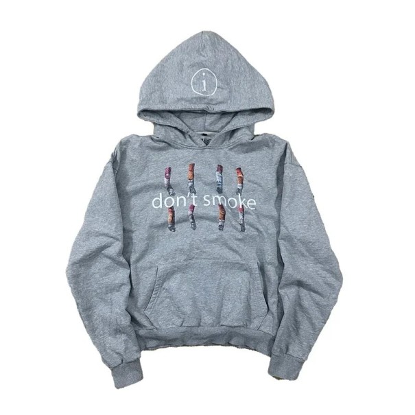Herren grauer Hoodie mit Taschen Streetwear Stil mit dem Schriftzug Don't Smoke und modernen Mustern Bequemer einfarbiger Hoodie für jeden Tag S