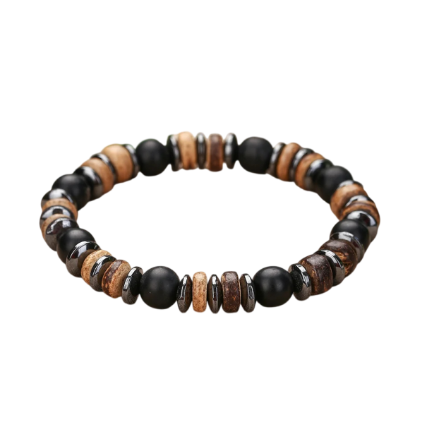 Herren Holzkugeln Armband Kombination aus matten und glänzenden Perlen Durchmesser 17 cm Holz Schwarz und Braun verstellbares Accessoire 1