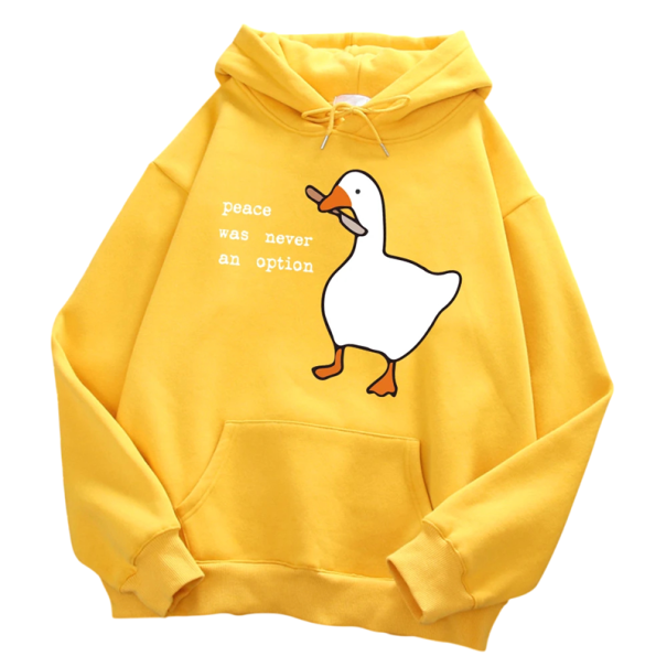 Herren Hoodie mit Taschen Einfarbiger Hoodie mit Druck einer Ente mit Messer und dem Schriftzug Peace Was Never an Option Stylisches Polyester-Modell gelb XXS