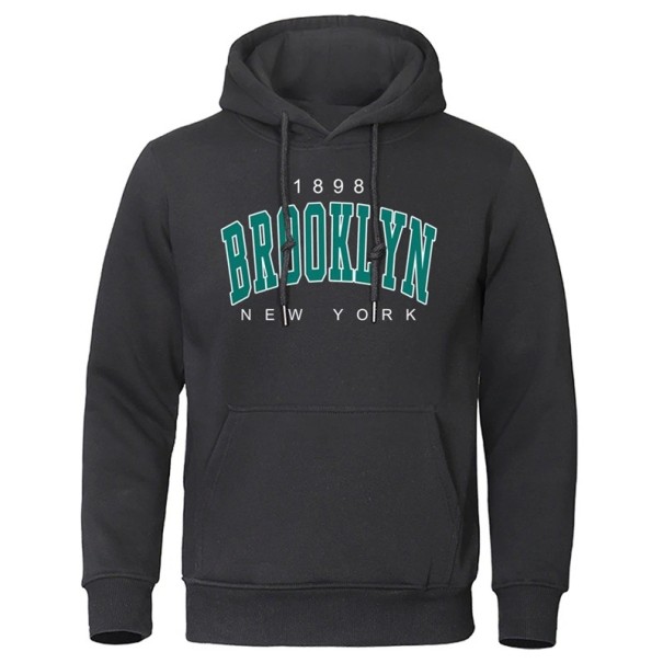 Herren Hoodie mit Taschen Einfarbiger Sport Hoodie mit dezentem Brooklyn Schriftzug auf der Brust Bequemer Polyesterstoff schwarz XXS