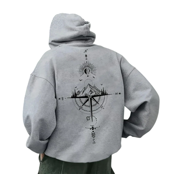 Herren Hoodie mit Taschen Einfarbiger Sporthoodie mit feinem Kompassmuster vorne und hinten Bequemes Polyester-Material grau S