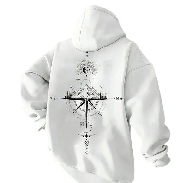 Herren Hoodie mit Taschen Einfarbiger Sporthoodie mit feinem Kompassmuster vorne und hinten Bequemes Polyester-Material weiß XL