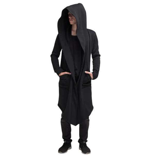 Herren Langer Mantel mit Kapuze Asymmetrischer Mantel für die Stadt Loose Fit Streetwear Fashion Langarm Reißverschlussmantel ohne Verschluss schwarz S