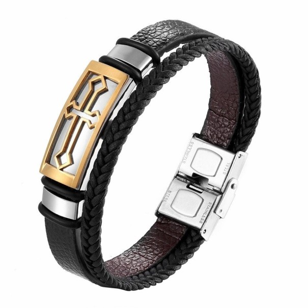 Herren-Lederarmband mit Kreuz golden 21 cm