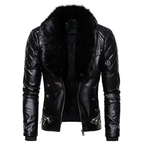 Herren-Lederjacke mit Kunstfell schwarz L