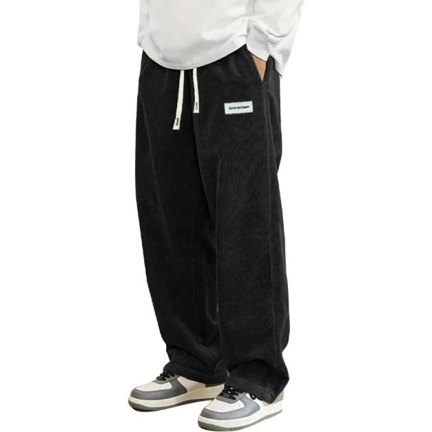 Herren lockere Hose mit elastischem Bund und Kordelzug mit breiten geraden Beinen, gerippter Struktur und seitlichen Taschen schwarz S