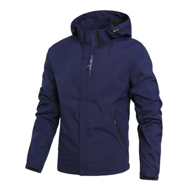 Herren Outdoorjacke mit Kapuze, wasserdichte, winddichte Reißverschlussjacke, Wanderregenjacke mit Taschen für Herbst und Frühling blau L