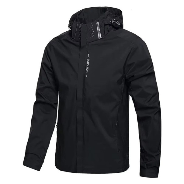 Herren Outdoorjacke mit Kapuze, wasserdichte, winddichte Reißverschlussjacke, Wanderregenjacke mit Taschen für Herbst und Frühling schwarz XL