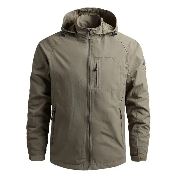 Herren Outdoorjacke mit Kapuze Wasserdichter Windbreaker mit Reißverschluss und Taschen Leichte Wanderjacke für die Freizeit Sportjacke für die Natur khaki M