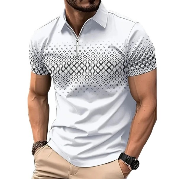 Herren Poloshirt mit Reißverschluss V-Ausschnitt mit Kragen Kurzarm Einfarbig mit feinem Muster Polyester Eleganter Stil weiß S