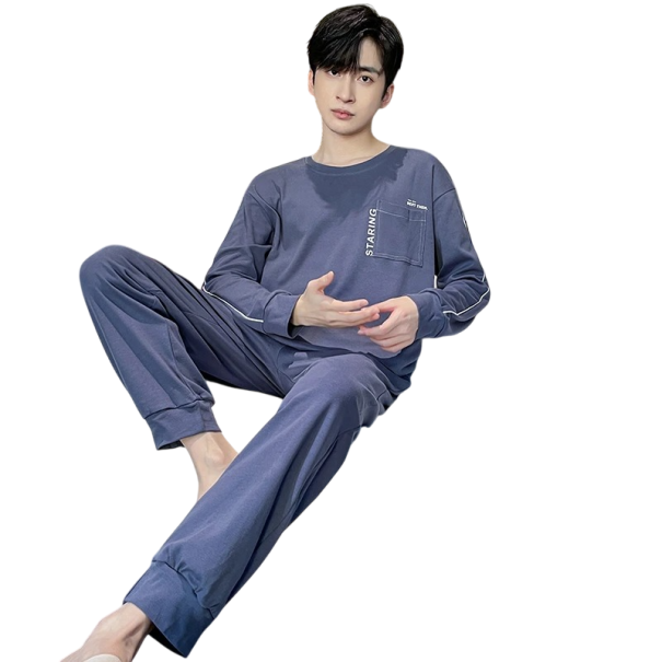 Herren Pyjama mit langem Arm und Hose O-Ausschnitt Polyester Spandex Blaues Pyjama mit Tasche mit Aufschrift M