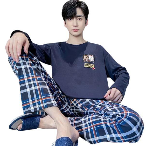 Herren Pyjama mit langen Ärmeln und karierten Hosen O-Ausschnitt Polyester Spandex Blaues Pyjama mit feiner Stickerei XS