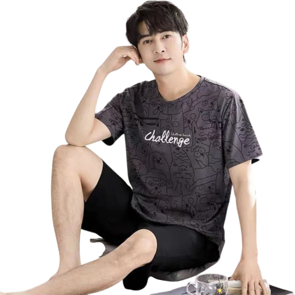 Herren Pyjama Set T-Shirt mit kurzen Ärmeln und Shorts Dunkelgrau Katzenmotiv Schriftzug Challenge Sommer Komplett Polyester Spandex XL