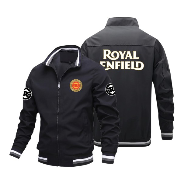 Herren Retro Motorradbomberjacke mit Reißverschluss und Stehkragen sowie gestreiftem Rippstrick an Kragen und Bündchen mit Aufdruck schwarz XS