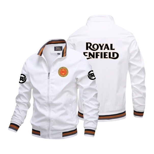 Herren Retro Motorradbomberjacke mit Reißverschluss und Stehkragen sowie gestreiftem Rippstrick an Kragen und Bündchen mit Aufdruck weiß XS