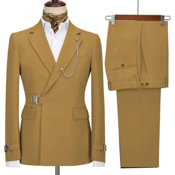 Herren Set aus Baumwolle, Polyester und Viskose Elegantes Set aus Sakko und Hose für Männer mit Kette am Kragen Einfarbiger Komplett mit Gürtelverschluss khaki M