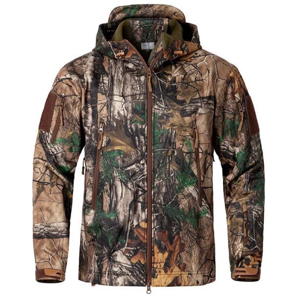 Herren Softshelljacke mit Kapuze Waldtarnmuster Reißverschlusstaschen Winddichte Jacke Outdoor Wanderjacke für die Natur XXL