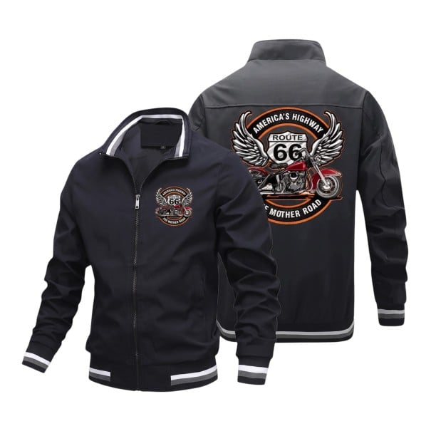 Herren Sportjacke mit Reißverschluss und Stehkragen sowie Motorrad-Design mit Flügeln auf Rücken und Brust und gestreiften Bündchen schwarz 3XL