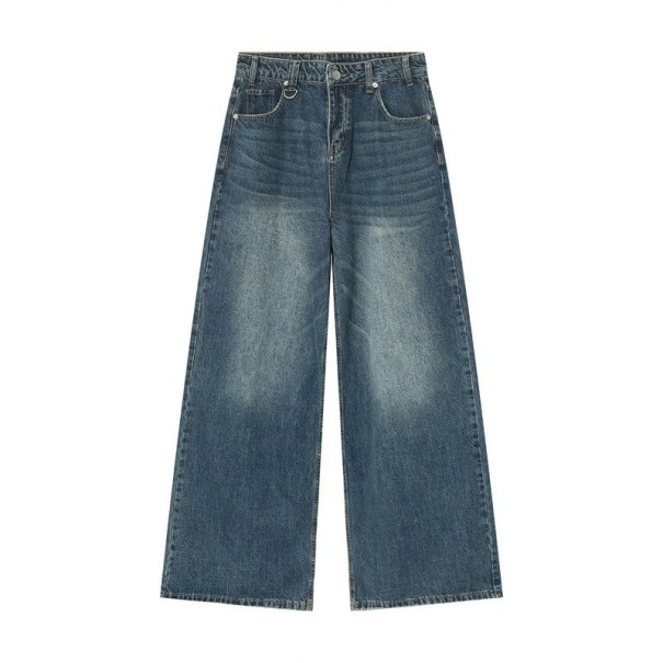 Herren Straight Jeans mit Metallring Washed Look Weites Bein Lange Hose Casual Streetwear Stylische Jeans blau L