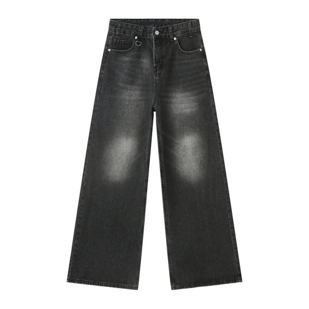 Herren Straight Jeans mit Metallring Washed Look Weites Bein Lange Hose Casual Streetwear Stylische Jeans schwarz XXS
