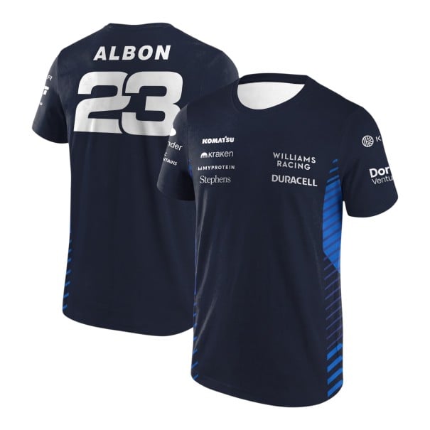 Herren T-Shirt mit kurzen Ärmeln im Stil eines Teamtrikots der Formel 1 mit der Nummer 23 auf dem Rücken und blauen Streifen an den Seiten XXS