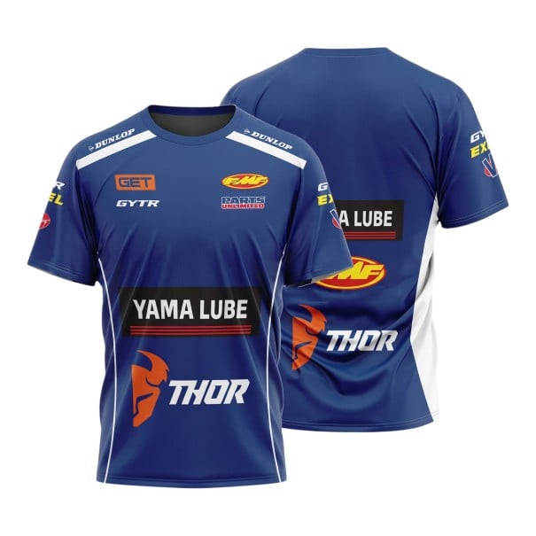 Herren T-Shirt mit kurzen Ärmeln und rundem Ausschnitt mit Druck im Stil eines Motocross-Teamtrikots und weißen Streifen in Dunkelblau XXL