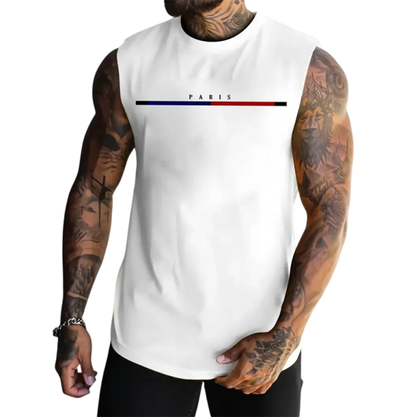 Herren Tanktop einfarbig mit Rundhalsausschnitt O Aufdruck Paris Polyester Leichter Sommertop für Sport Freizeit Stadt weiß S