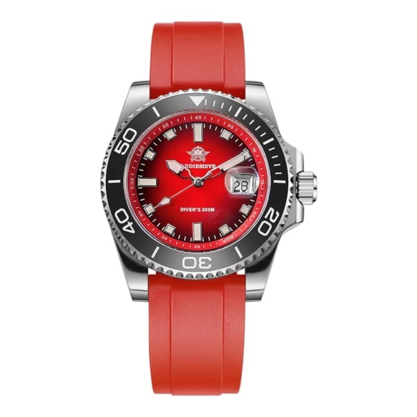 Herren Taucheruhren mit Datum Gummiband Wasserdicht 200 m Keramische Lünette Gehäuse 41 mm Edelstahl 316L Für Schwimmen und Tauchen rot