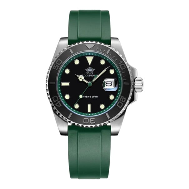 Herren Taucheruhren mit Datum Ovale drehbare Lünette Wasserdicht 200 m Gehäuse 41 mm Edelstahl 316L Gummiband Zum Tauchen grün
