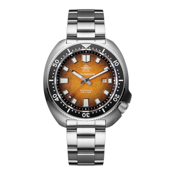 Herren Taucheruhren mit Datum Wasserdicht 200 m Saphirglas Gehäuse 43,8 mm Edelstahl 316L Keramische Lünette Zum Schwimmen und Tauchen gelb