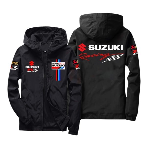 Herren winddichte Jacke mit Kapuze und Reißverschluss mit Druck im Motorrad-Rennstil auf der Brust und dem Rücken schwarz XXL