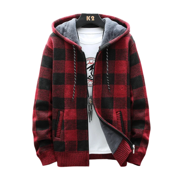 Herren Winter Karierter Cardigan mit Kapuze und Reißverschluss Stylischer warmer Pullover mit langen Ärmeln Herbst- und Winterbekleidung Polyester Verschiedene Farben rot M