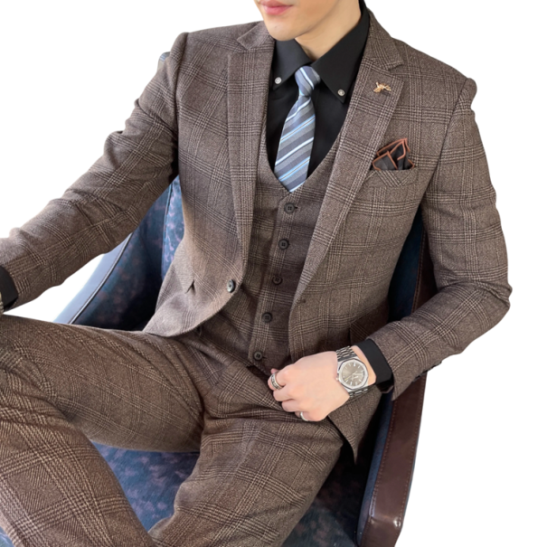 Herrenanzugset aus Acetat Elegantes Set aus Jacke, Weste und Hose für Männer Einfarbiger formeller Anzug mit Taschen und Knöpfen in verschiedenen Farben braun XXS