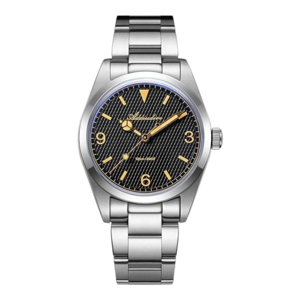 Herrenarmbanduhr mit arabischen Ziffern Leuchtzeiger und Indizes Wasserdicht 100 m Gehäuse 36 mm Edelstahl 316L Für jeden Tag und Schwimmen schwarz