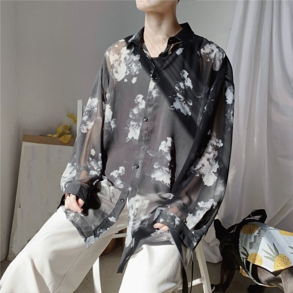 Herrenhemd mit Blumen F611 schwarz M