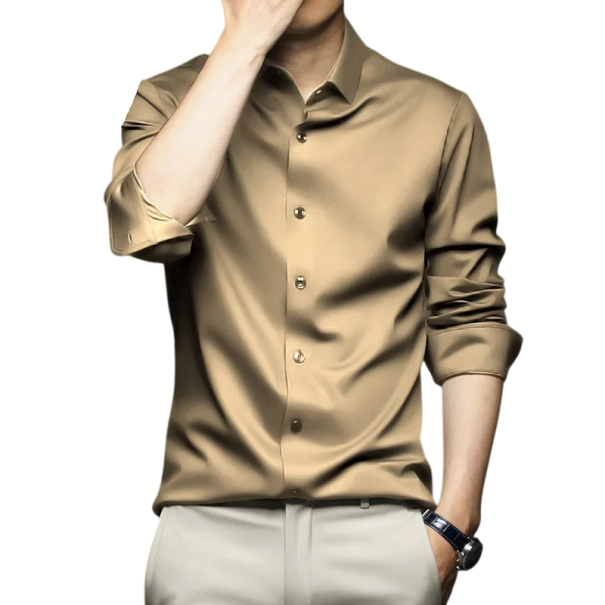 Herrenhemd mit Knopfkragen Einfarbiges Design Polyester und Spandex Eleganter Schnitt für den Alltag beige L