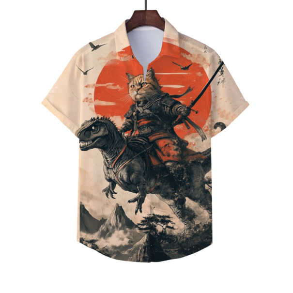 Herrenhemd mit Knopfkragen Kurzarm Polyester Spandex Beige Katze auf Dinosaurier Druck Sommerhemd 3XL