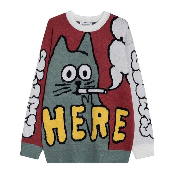 Herrenpullover mit Katze rot M