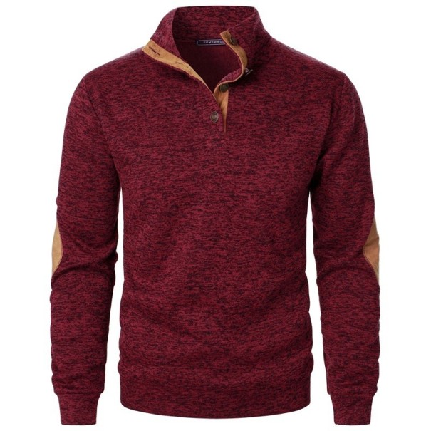 Herrenpullover mit langen Ärmeln und Kragen Einfarbiger eleganter Pullover mit Knöpfen am Kragen Braune Patches an den Ellbogen Polyester Verschiedene Farben weinrot S