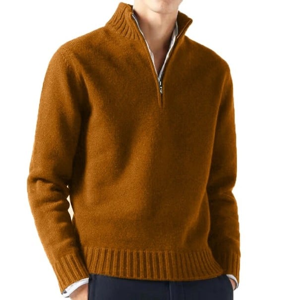 Herrenpullover mit Rollkragen und halbem Reißverschluss Einfarbiger Strickpullover mit V-Ausschnitt Eleganter Herbst-Winter-Pullover Verschiedene Farben braun S