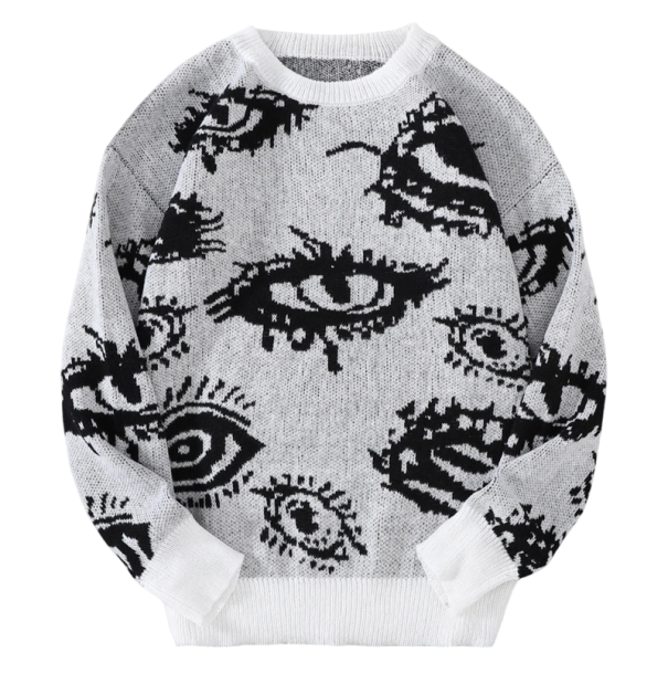 Herrenpullover mit Rundhalsausschnitt Einfarbiger Strickpullover mit abstraktem Augenmuster Langarm Stilvoller Herbst-Winter-Pullover Polyester weiß XS