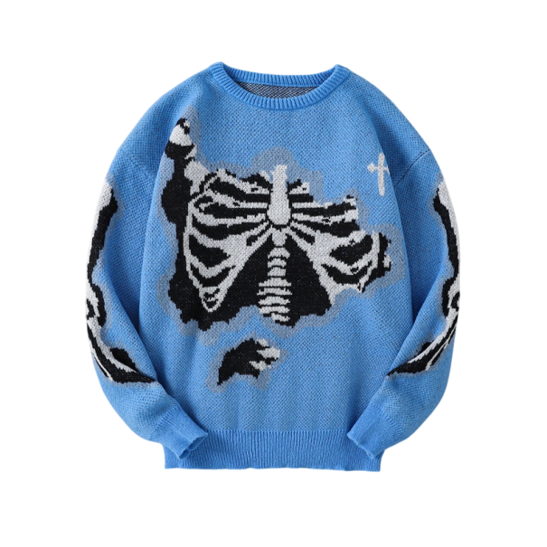 Herrenpullover mit Rundhalsausschnitt Stilvoller Strickpullover mit Skelettmuster Lange Ärmel Moderner Herbst-Winter-Pullover Polyester Verschiedene Farben blau XS