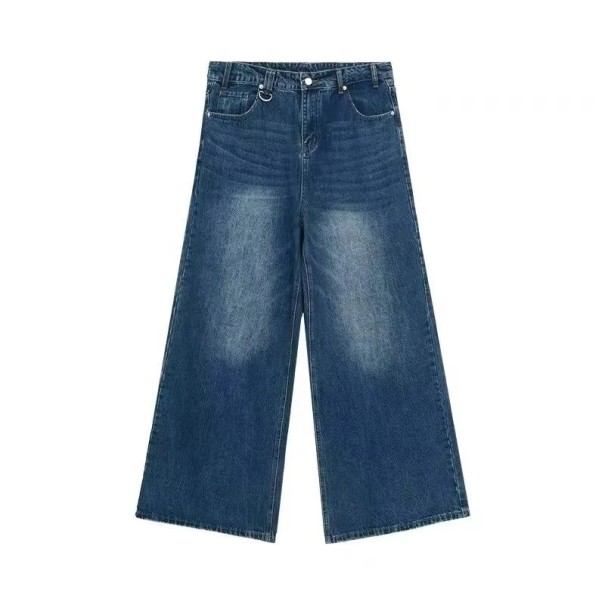Herrens breda enfärgade jeans med fickor, bekväm passform, modern stil för vardagsbruk mörkblå XXS