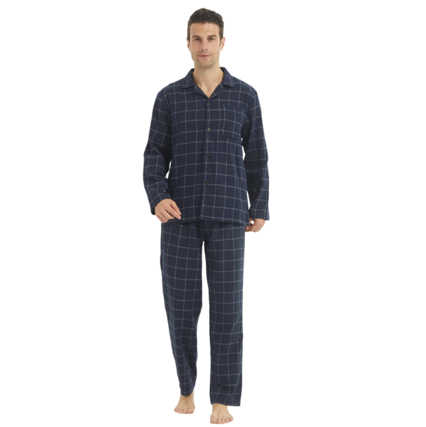 Herrepyjamas med lange ærmer og bukser med krave Knaplukning Bomuld polyester Mørkeblå ternet hjemmepyjamas M
