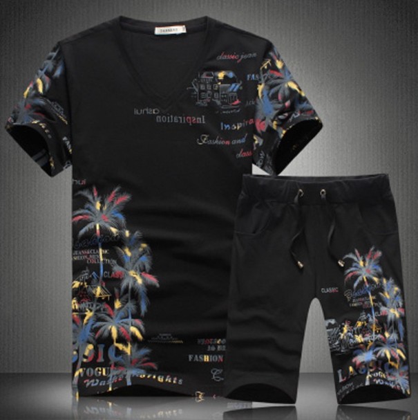 Herresæt med palmer - T-shirt og shorts J1562 sort XL