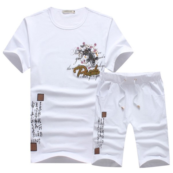 Herresæt - T-shirt med fiskeprint og shorts J1561 hvid M