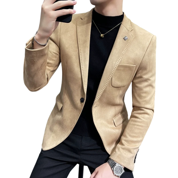 Herresako i polyester og spandex Elegant herresako i ensfarvet design med lommer og brystlomme Stilfuldt elastisk sako med knap beige M Herresako i polyester og spandex Elegant herresako i ensfarvet design med lommer og brystlomme Stilfuldt elastisk sako med knap beige M