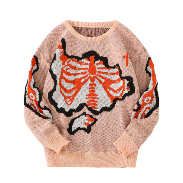 Herresweater med O-hals Stilfuld strikket sweater med skeletmønster Lange ærmer Moderne efterårs- og vinter sweater Polyester Forskellige farver rosa L