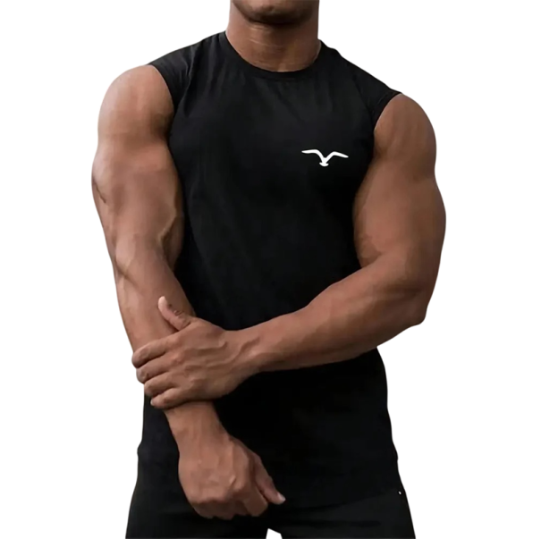 Herretanktop ensfarvet med rund halsudskæring og tryk af en flyvende fugl Polyester Lettere sommer top til sport og fritid sort XL