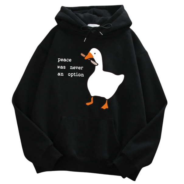 Herretrøje med hætte og lommer Enfarvet mikina med tryk af and med kniv og teksten Peace Was Never an Option Stilfuld polyester model sort XS